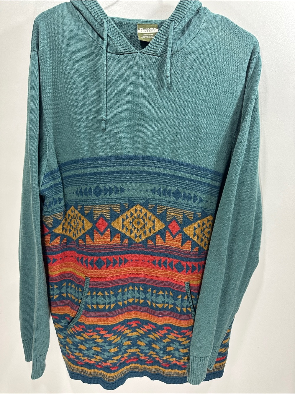 Dravus Multicolor Geometric Aztec Knit Pullover Hoodie with Pocket Mens XL